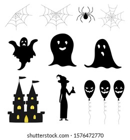Halloween set of silhouettes with traditional attributes on white background. Cartoon style. Vector