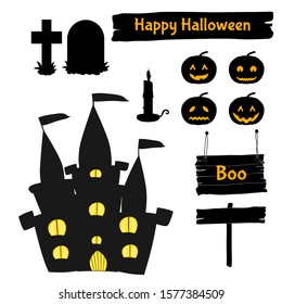 Halloween set of silhouettes with traditional attributes on white background. Cartoon style. Vector