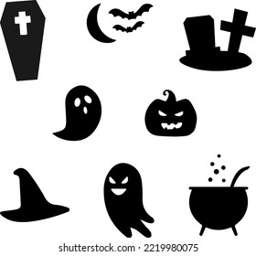 Halloween set of silhouettes with traditional attributes on white background cartoon style vector.
Hand drawn traditional symbols.
Vector illustration ghost, bat, moon, withch hat, tombstone, grave