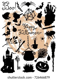 Halloween set with silhouettes of traditional holiday symbols - pumpkin head, witch pot, broomstick, castle, bat, herbs, spider, etc. Graphic vector illustrations with design elements