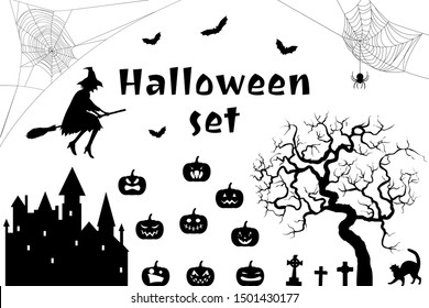 Halloween set of silhouettes of witch flying on broom, black cat, Jack O'Lantern pumpkins, haunted house, spider webs, bats, cemetery and magic tree. 