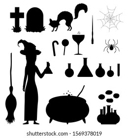 Halloween set of silhouettes with witch and her traditional attributes on white background. Cartoon style. Vector