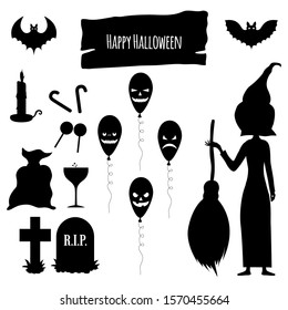 Halloween set of silhouettes with witch and her traditional attributes on white background. Cartoon style. Vector