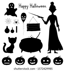 Halloween set of silhouettes with witch and her traditional attributes on white background. Cartoon style. Vector