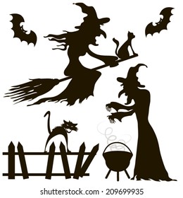 Halloween. Set of silhouettes. Witches, black cats, bats