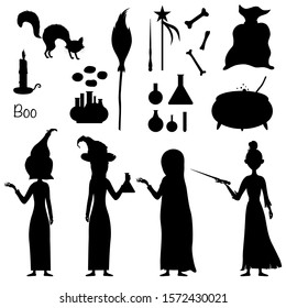 Halloween set of silhouettes with witches and traditional attributes on white background. Cartoon style. Vector