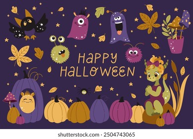 Halloween set in simple hand drawn style. Hello Halloween hand lettering. Monsters, pumpkins, dragons and leaves. Vector illustration
