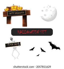 Halloween set, sinister pumpkins with a sign, the moon, bats and a skeleton with an inscription in his hand, isolated vector illustration