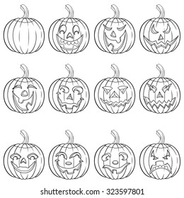Halloween set of six funny smiling pumpkin outlines with various face characters isolated on a white background, cartoon vector illustration