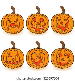 Halloween set of six funny smiling orange pumpkins with various face characters isolated on a white background, cartoon vector illustration