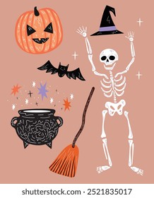 halloween set skeletone magic pot pumpkin illustrations