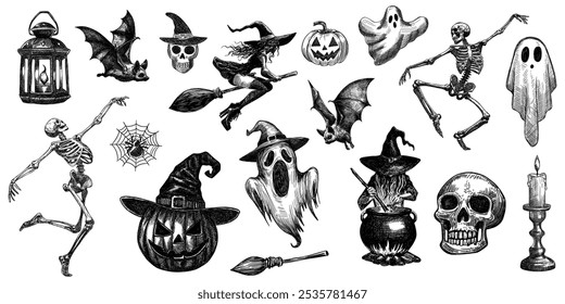 halloween set esqueletos morcegos bruxa voando em vassoura mexendo caldeirão jack-o'-lanterna abóbora fantasmas crânios teia de aranha vela isolada mão desenhada esboço vários elementos assustadores coleção