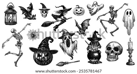 halloween set skeletons bats witch flying on broomstick stirring cauldron jack-o'-lantern pumpkin ghosts skulls spider web candle isolated hand drawn sketch various spooky elements collection