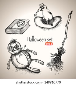 Halloween set. Sketch elements for spooky holiday. Hand-drawn vector illustration. Set 2