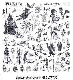 Halloween set - sketches and illustrations. witch, zombie, house with ghosts, pumpkins. isolated vector. chalk on a blackboard. for design of cards and posters