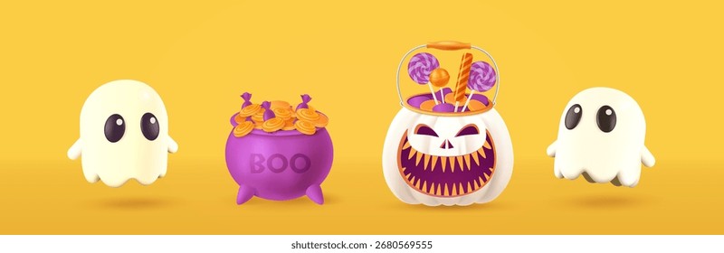 Halloween-Set mit lächelndem Kürbis, Geistern und Süßigkeiten. 