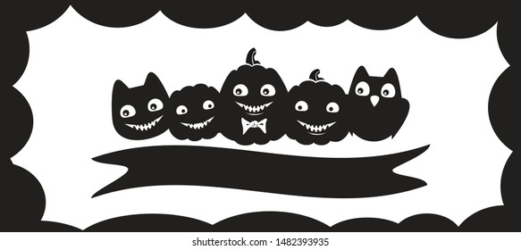 Halloween set with smiling pumpkins, cat, owl, located separately from each other on layers.  Vector.