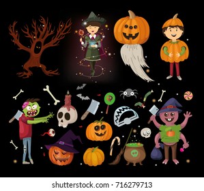 
halloween set. spider, ghost, costume, pumpkin, fairy, tree, zombie, skull, knife, cauldron, broom, eye, blood, candy. celebration. vector