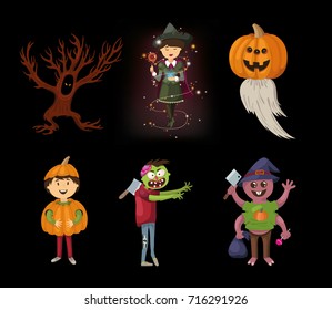 halloween set with spider, ghost, costume, pumpkin, fairy, tree, zombies, candy. Celebration vector