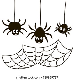 Halloween set of spider web and three spiders isolated on white background. Vector design elements.