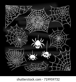 Halloween set of spider web and three spiders isolated on black background. Vector design elements.