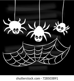 Halloween set of spider web and three spiders isolated on black background. Vector design elements.