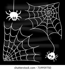 Halloween set of spider web and two spiders isolated on black background. Vector design elements.