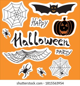 Conjunto de arañas, tela, calabaza de Halloween. Clíparte de Halloween, pegatinas, íconos. Elementos de decoración que dan miedo. Araña dibujada a mano, tela. Araña vectorial aislada en el fondo naranja. Firma de la fiesta de Halloween