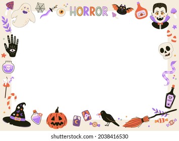 Halloween set with spooky characters, pumpkin and treats. Hand drawn illustrations and lettering in trendy doodle style. Vector elements for season decorations. 