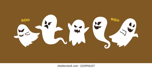 Halloween set of spooky white ghost with different facial expression flat vector design elements, 
scary boo phantoms characters 