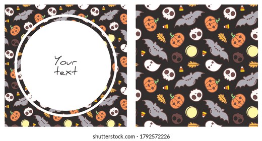 Halloween set: square frame and seamless pattern, cute halloween elements on black background, for greeting cards, posters, banners, invitations.