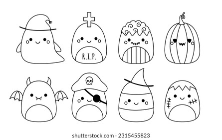 Halloween set. Squishmallow. Zombie, ghost, candy corn, pumpkin, tomb, pirate. Coloring page. Squishmallow. Black and white. Color me. Isolated vector illustration eps