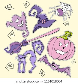 Halloween set stickers, cartoon symbols pumpkin, broom, spider, bat, cat, witch hat, ghost, cast.