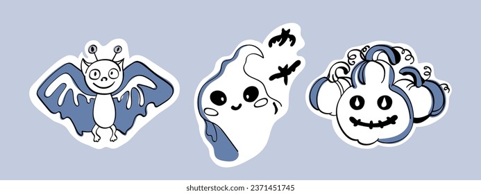Halloween set of stickers. Cute ghost, pumpkin and bat doodle line characters.