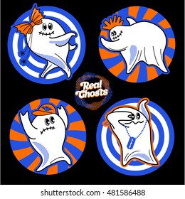 Halloween set of stickers with dancing ghosts. Fashion set of patch badges, pins in cartoon comic style.