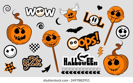 halloween set stickers with pumpkin, emoji, bat and lollipops