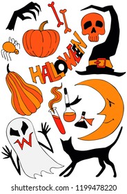 Halloween set stock vector illustration hand drawing month skeleton skull cat pumpkin autumn holiday