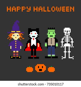 Halloween set in style of eight-bit game. Witch, Dracula, Frankenstein, skeleton.Pumpkin, inscription happy Halloween.Vector illustration
