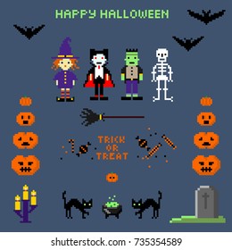 Halloween set in style of eight-bit game. Witch, Dracula, Frankenstein, skeleton. Pumpkin, bats and black cats and inscription happy Halloween, trick or treat. Vector illustration