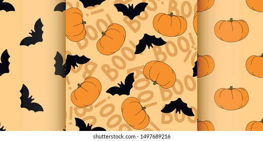 Halloween set symbol design element decoration seamless pattern for wallpaper, print, fabric, paper. Orange and black color for background. Vector illustration with pumpkin, bat, text boo! 