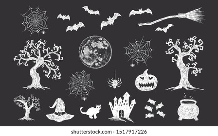Halloween set symbols hand drawn illustrations. 