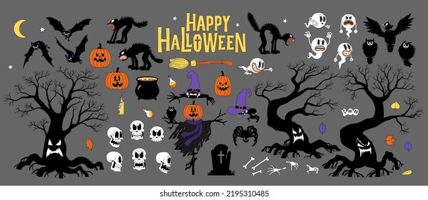 Halloween set with symbols and lettering Happy Halloween. Funny comic spooky characters in cartoon style. Flat vector isolated illustrations.