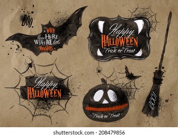 Halloween set symbols pumpkin, broom, bat, spider webs, lettering and stylized drawing on kraft paper