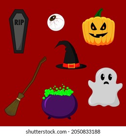 Halloween set symbols: pumpkin, cauldron, broom, witch hat, ghost, eye, coffin