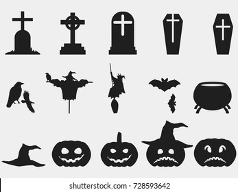 Halloween set of symbols. Witch hat, pumpkin with emotions. Isolated silhouettes of tombstones with crosses. Elements of the holiday design. Vector illustration