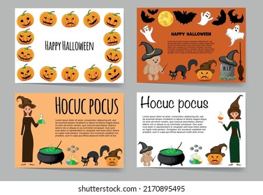 Halloween set of templates for your text with traditional attributes. Cartoon style. Vector illustration