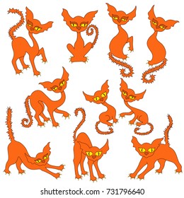 Halloween set of ten amusing orange cats with yellow eyes and with prickly tails, vector illustrations isolated on the white background
