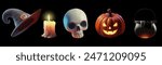 Halloween set of themed decorative elements for design.witch hat,candle,Skull,pumpkin,magic cauldron with potion . vector illustration