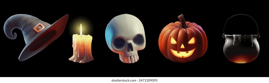 Halloween set of themed decorative elements for design.witch hat,candle,Skull,pumpkin,magic cauldron with potion . vector illustration