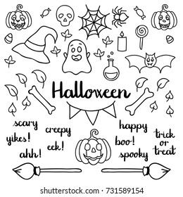 Halloween set of things and words isolated doodle black outline for coloring vector